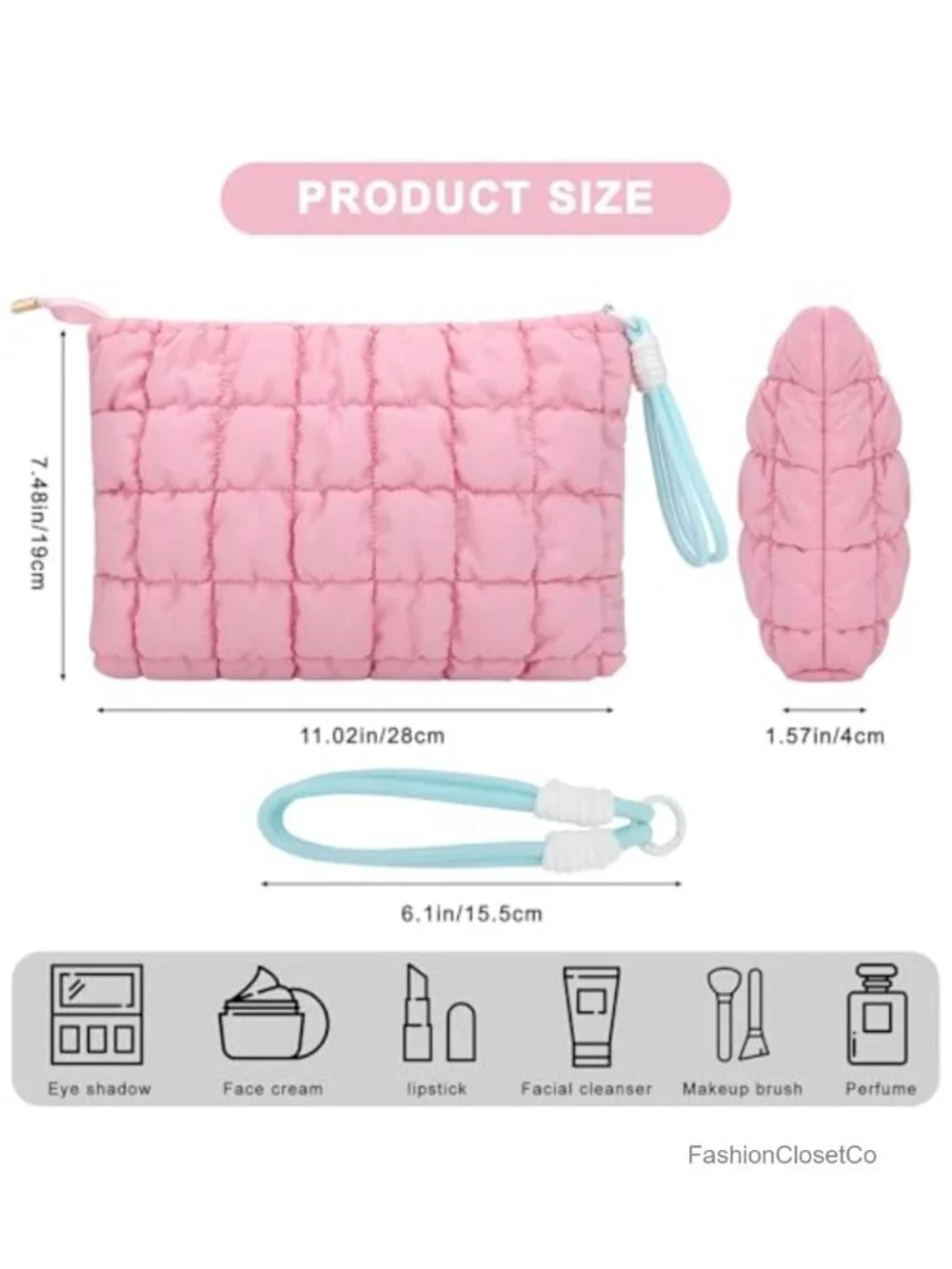 Quilted Puffer Makeup Bag with Detachable Wrist Strap, Travel Toiletry